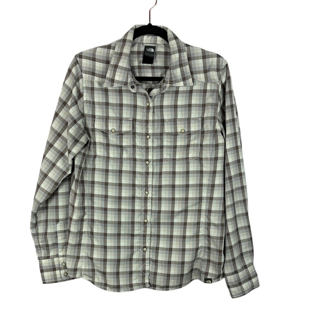 The North Face Cabincore Casual Plaid Long Sleeve Snap Front Shirt Large Grey